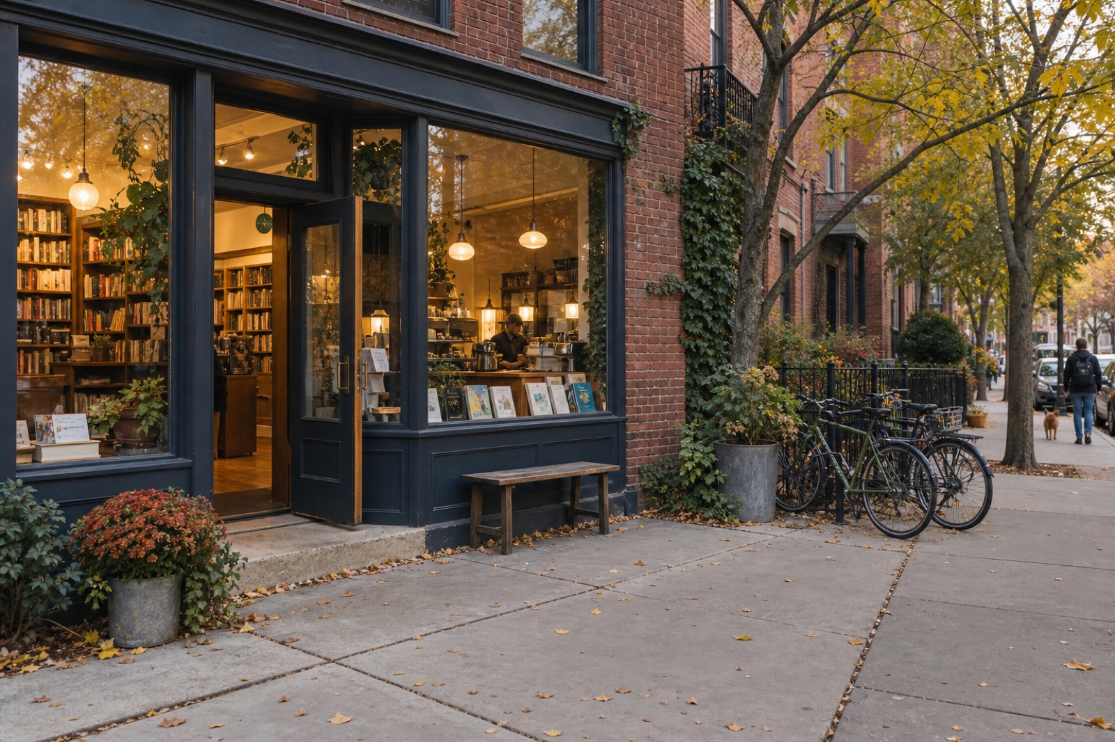 A warm neighborhood bookshop on a tree-lined street